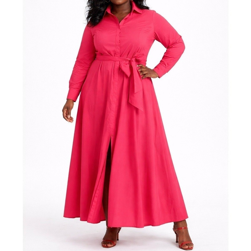 Pari Passu Pink Maxi Dress Plus Size 18‎ Belted Cotton Poplin Shirt Dress